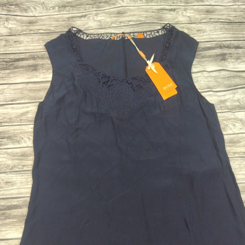 Hugo Boss Orange Navy Blue Crochet Lace Trim Sleeveless Top NWT - Picture 2 of 9